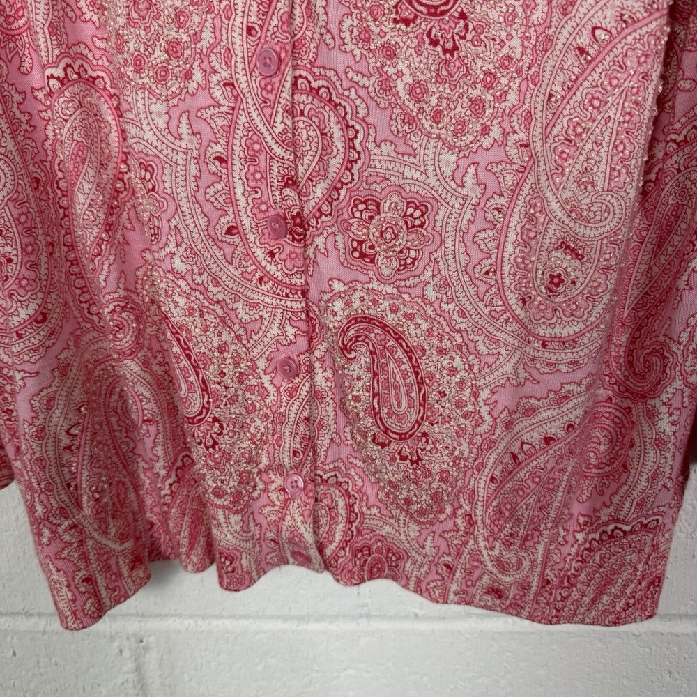 Talbots Cardigan Pink Paisley Beaded Soft Feminine Career Sparkly Dainty Size XL - Picture 4 of 12